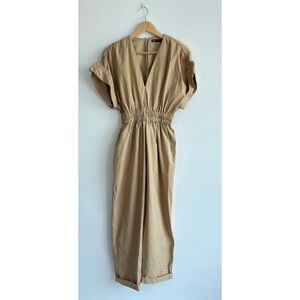 NWT Zara Pleated Pants Short Sleeve V-Neck Jumpsuit in Beige Size X-Small